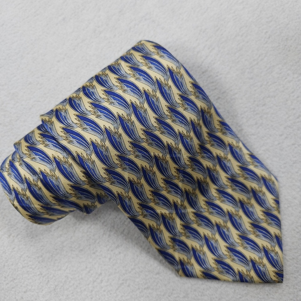 Valentino Cravatte Tie Mens Blue Beige Feather Leaf Pattern Silk Made Italy